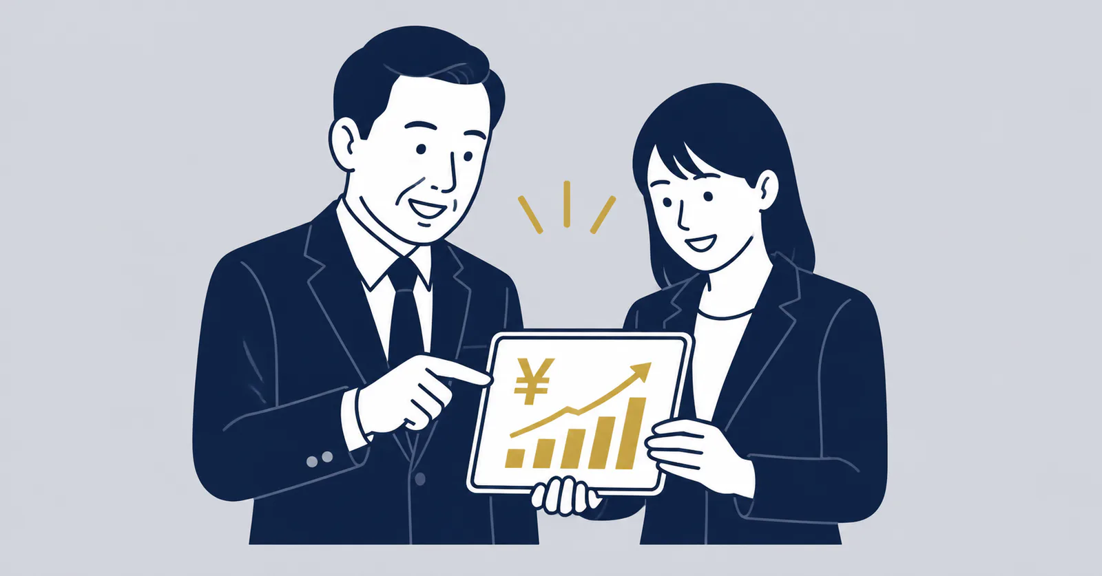 Two businesspeople in suits review a tablet displaying a rising bar chart with a yen symbol